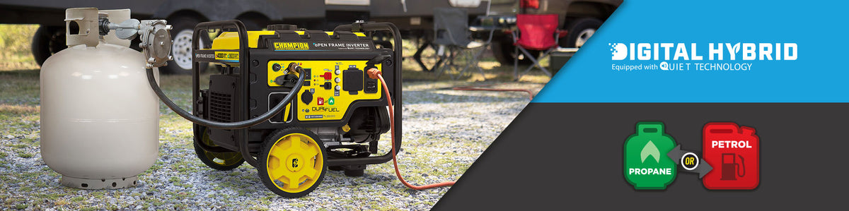 Dual fuel generator hooked up to propane canister next to logos