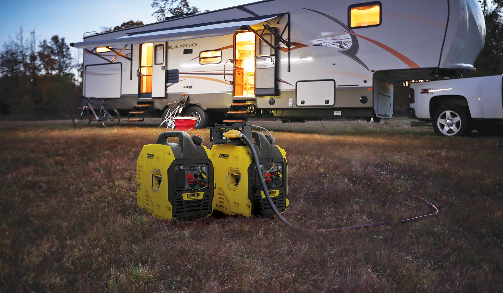 Champion Parallel Kit for 92001i Mighty Atom Models in use at a campsite 